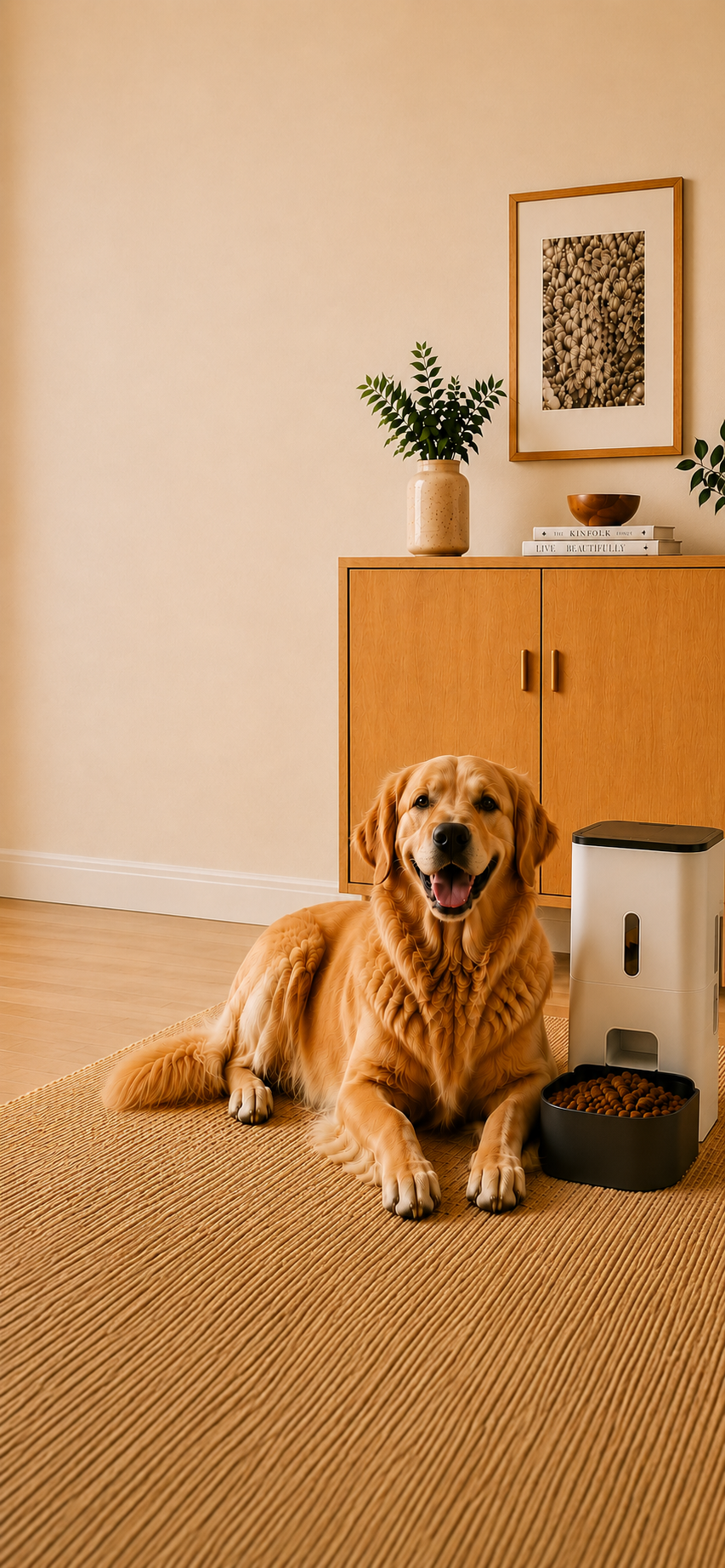Golden retriever relaxing in a warm modern home beside an automatic pet feeder