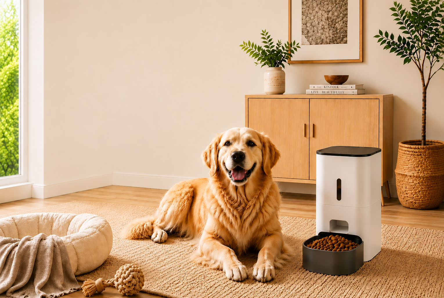 Golden retriever relaxing in a warm modern home beside an automatic pet feeder